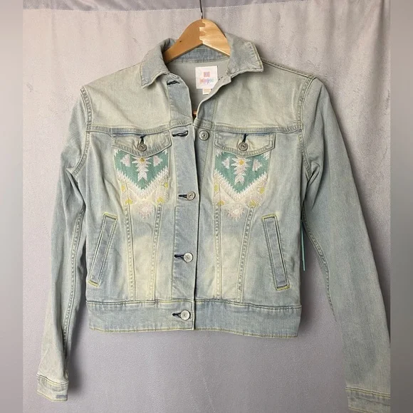 Aztec Faded Denim light blue Boho Festival Jacket with Embroidery XXS - Picture 3 of 5